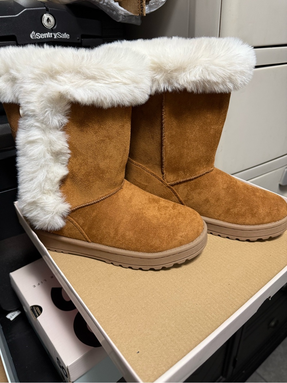 SO Girls' Tan Faux Suede Winter Boots with White Faux-Fur Trim